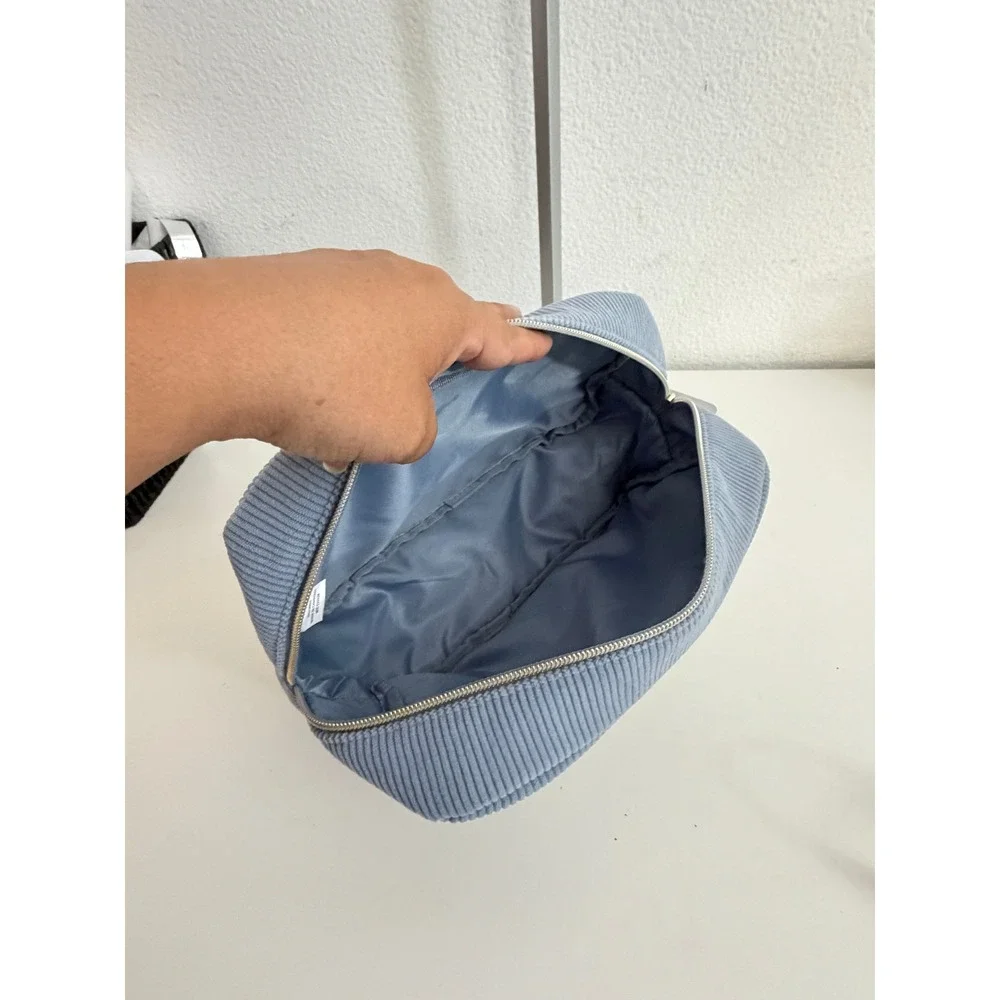 Festive Voice Blue Corduroy GLAM Sherpa Pouch Makeup Toiletry Bag‎ New